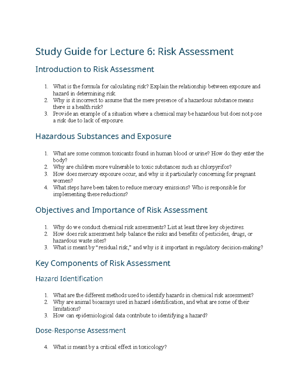 Study Guide for Lecture 6: Introduction to Risk Assessment - Studocu