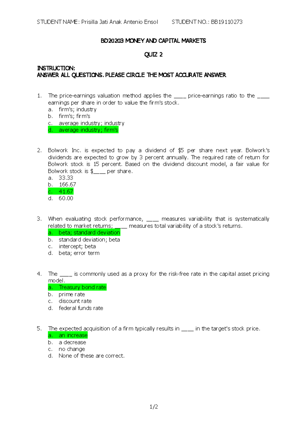 BD20203 Quiz 2: Money and Capital Markets Comprehensive Review - Studocu