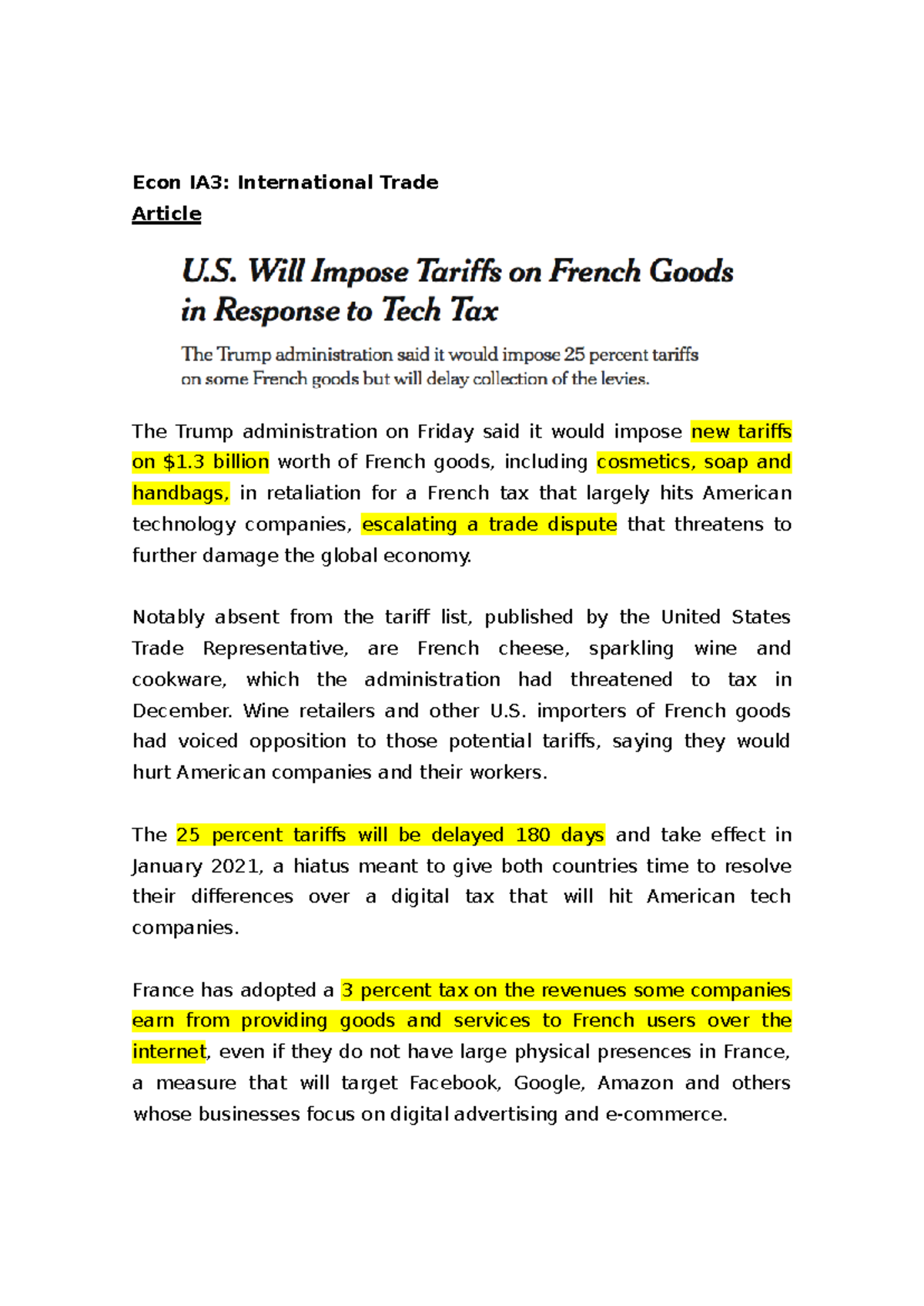 Econ IA3: Analysis of US Tariffs on French Goods and Trade Implications ...