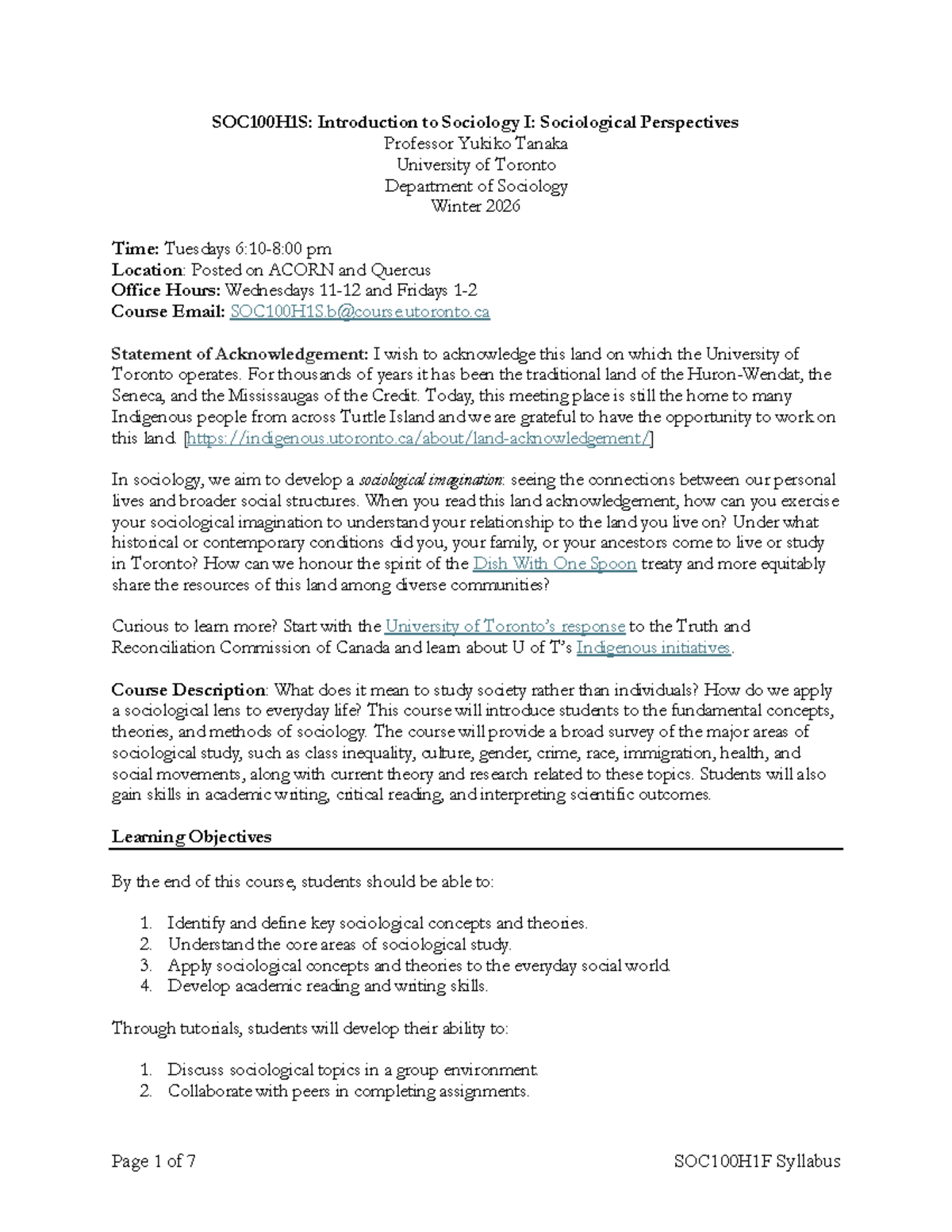 SOC100H1S: Intro to Sociology I Syllabus - Winter 2026 - Studocu