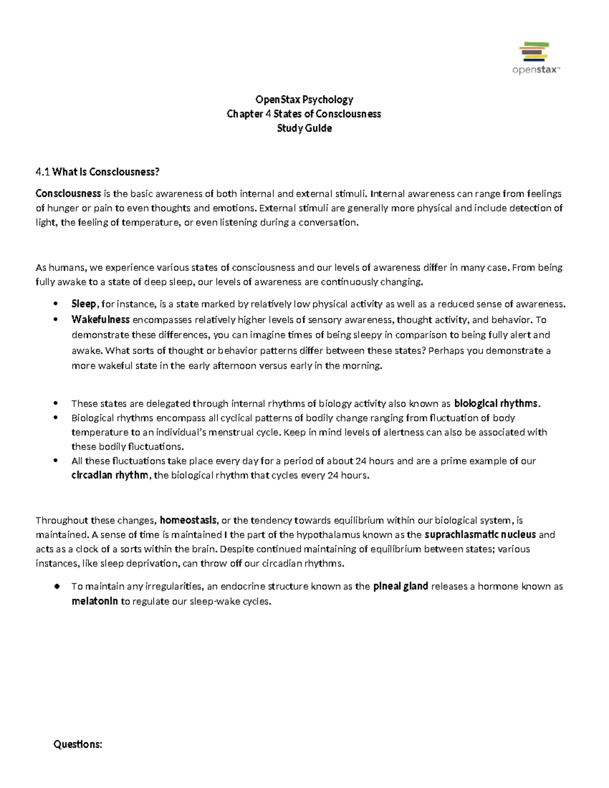 OpenStax Psychology Study Guide: Chapter 4 - States of Consciousness ...