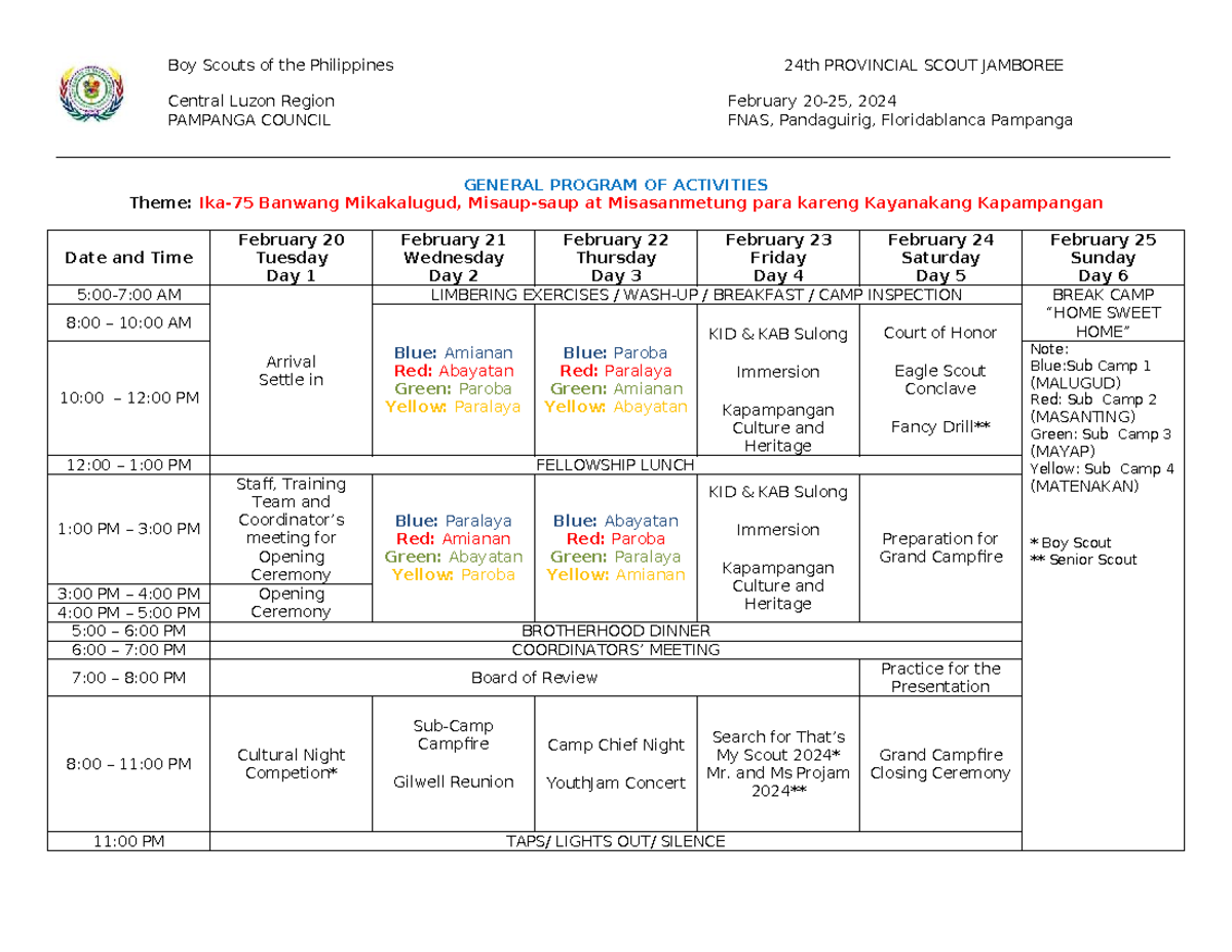 General Program of Activities for 24th Provincial Scout Jamboree 2024 ...