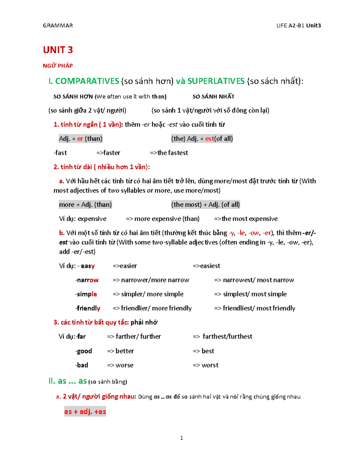 UNIT 3: Comparatives and Superlatives - Grammar Life A2-B1 - Studocu