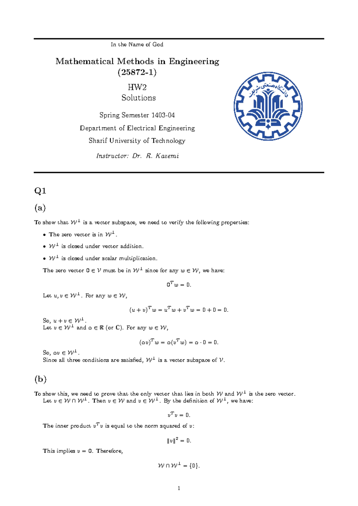 Solutions to HW2 - Matrix Methods in Engineering (25872-1) - Studocu