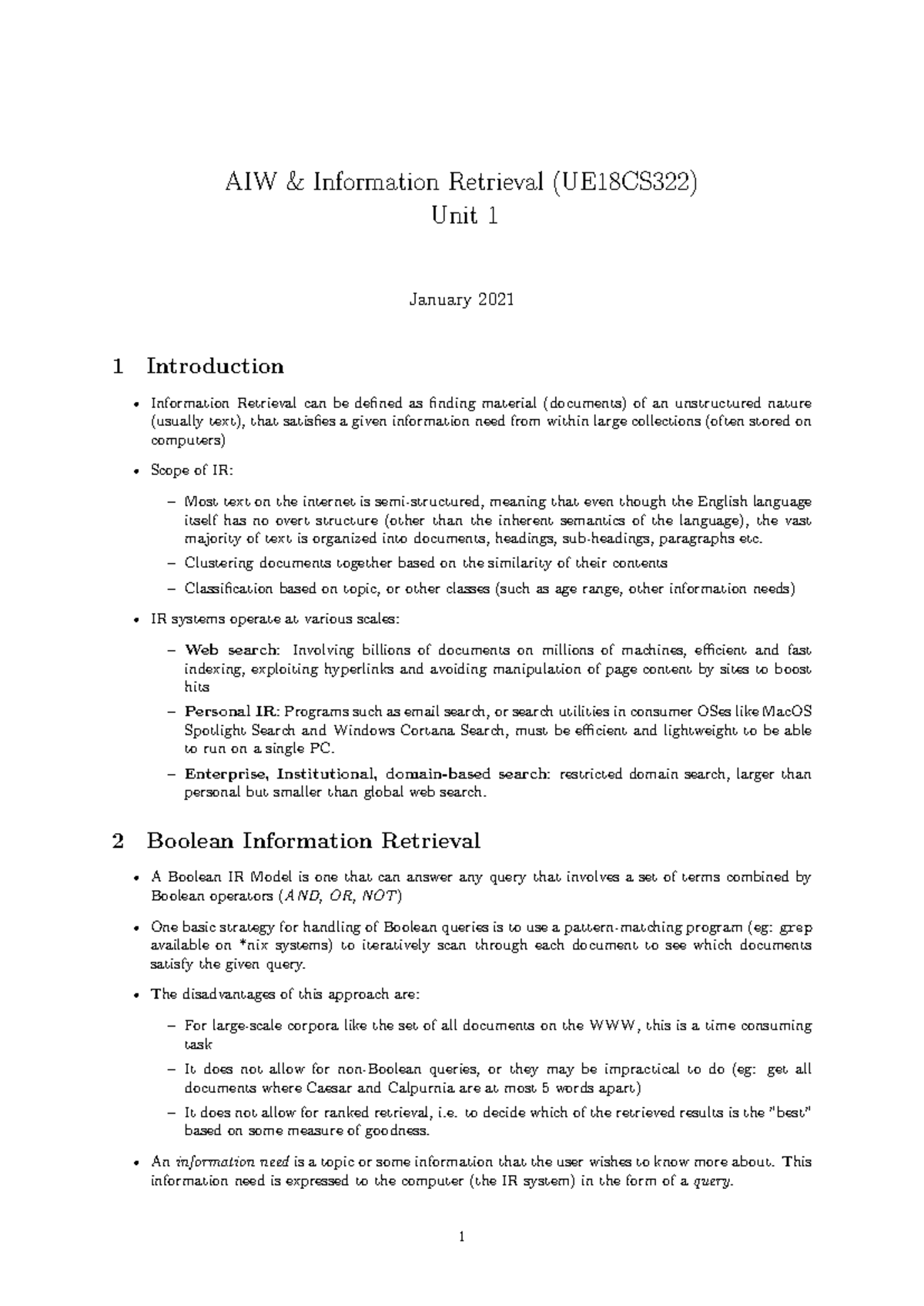 UE18CS332 IR Unit1 - Lecture notes 1 - AIW & Information Retrieval ...