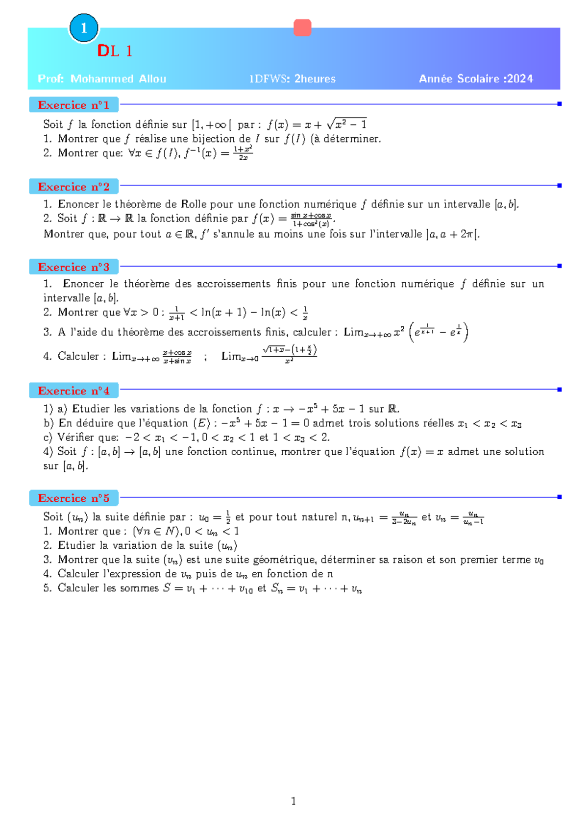 Devoir libre 2 - MATH: Exercices sur Fonctions et Suites - Studocu