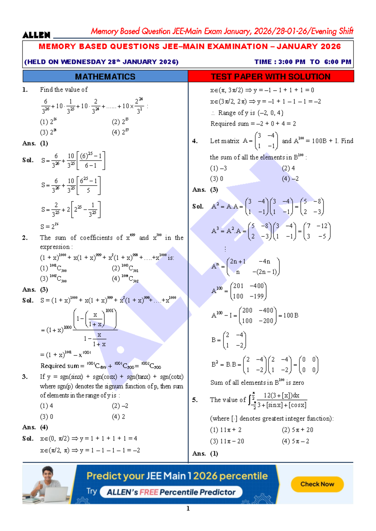 Mathematics 1 Exam Questions & Solutions - 28.01.26 Shift 2 - Studocu