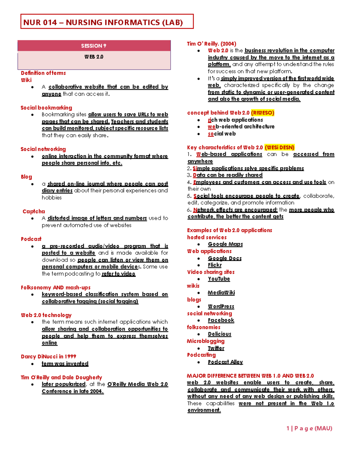 NUR 014 Nursing Informatics (Lab) Session 9-10: Web 2.0 & Policies ...
