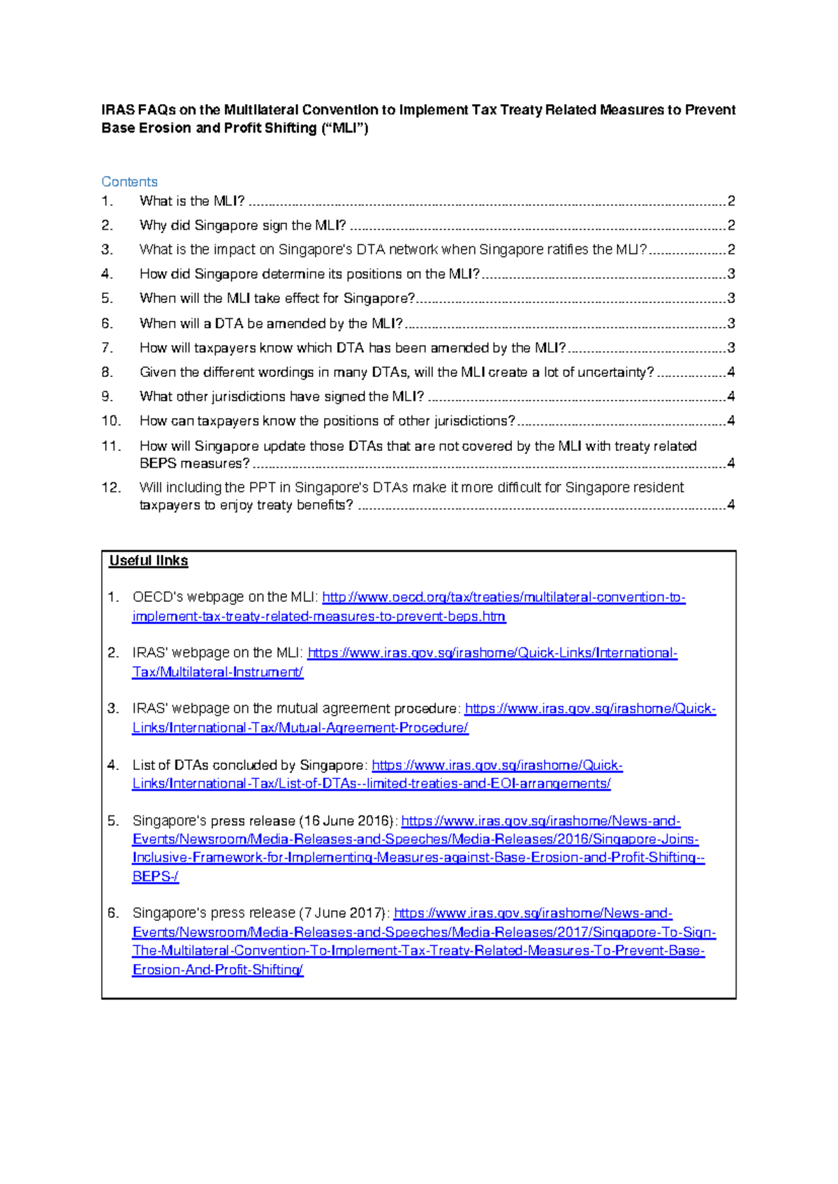 Singpore MLI notes - IRAS FAQs on the Multilateral Convention to ...