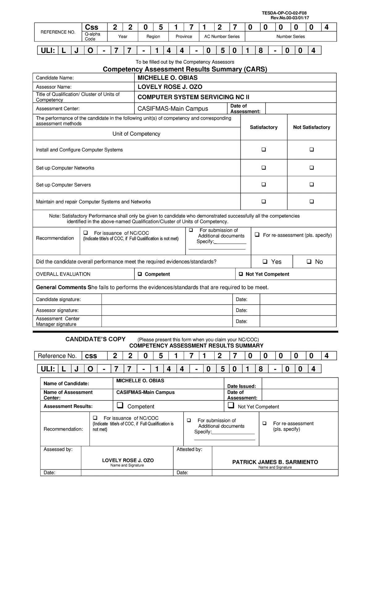 Computer System Servicing NC II: Self-Assessment Checklist - Studocu