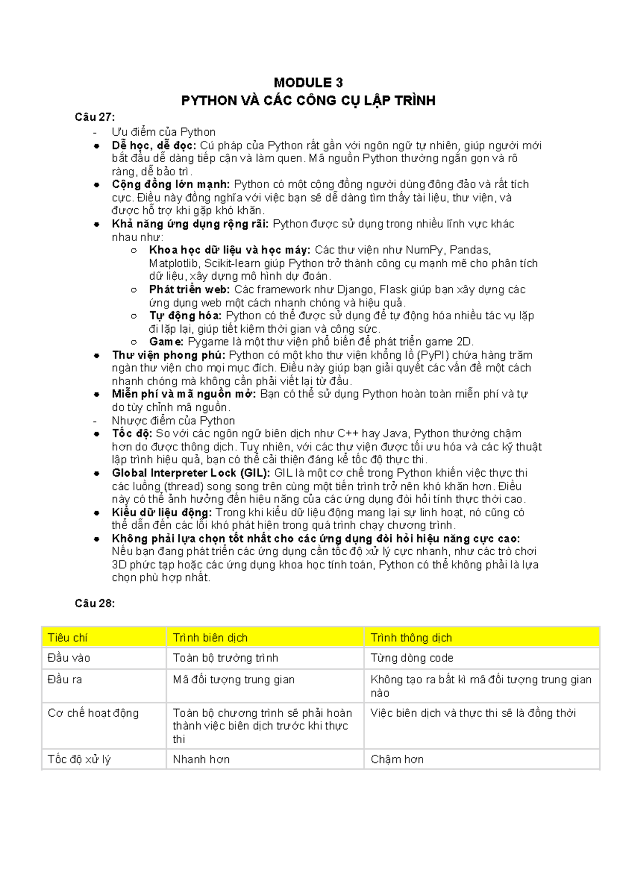 Module 3 - Ưu, Nhược Điểm của Python và Các Công Cụ Lập Trình - Studocu