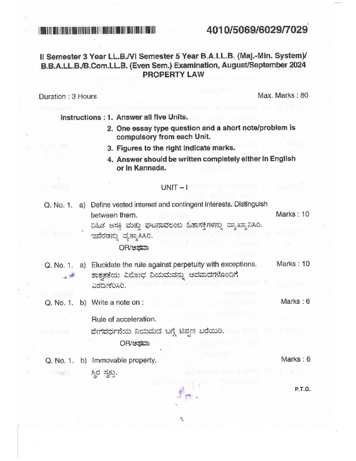 B.A.LL.B. II Sem. Property Law Exam Sept 2024 - Question Paper - Studocu