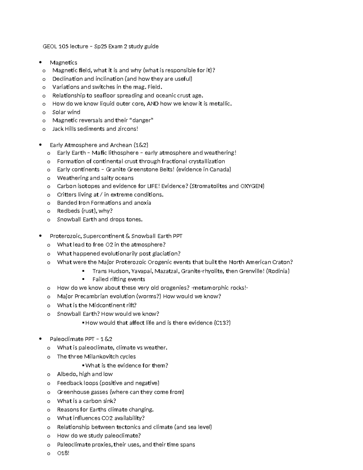 GEOL 105 Spring 2025 Exam 2 Study Guide: Magnetics to Paleoclimate ...