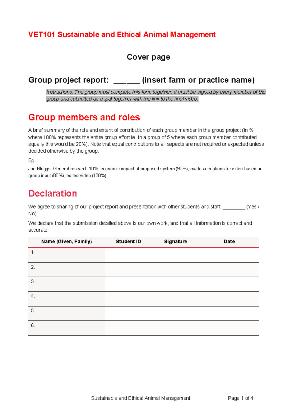 Group Project Report Template: VET101 Sustainable Animal Management ...