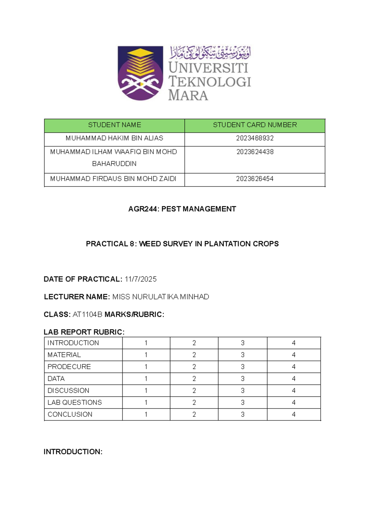 LAB Report AGR244: Weed Survey in Plantation Crops - Studocu