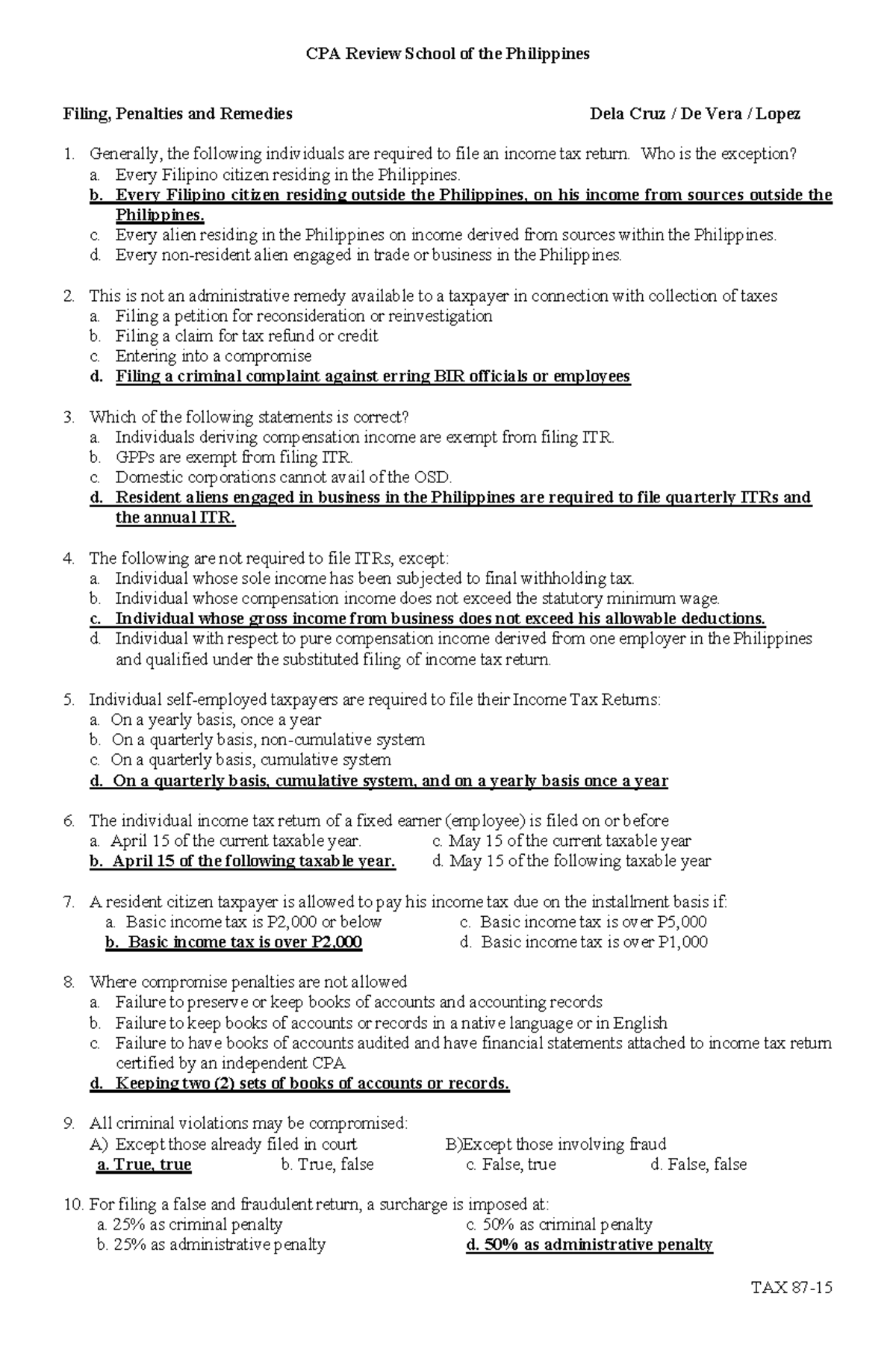 Tax Remedies CPAR Test Bank - Filing, Penalties, and Procedures - Document Preview