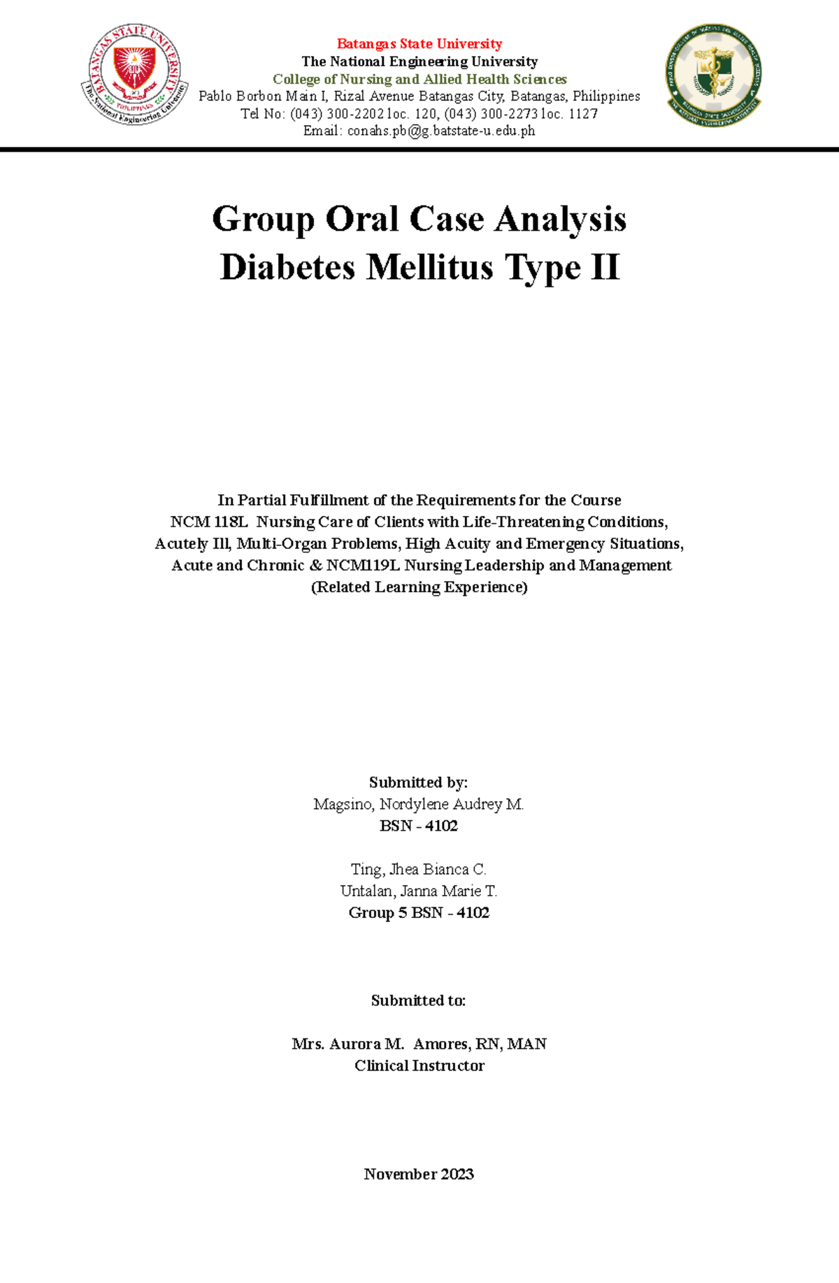 Group Oral Case Analysis: Diabetes Mellitus Type II - NCM 118L & NCM ...