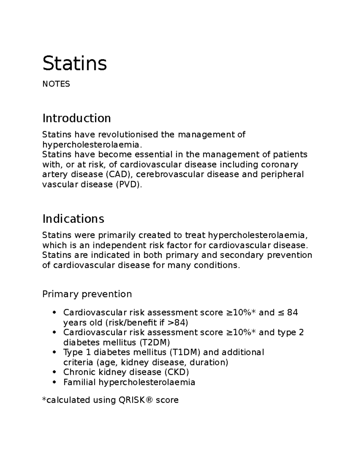 Statins - Lecture notes - Statins NOTES Introduction Statins have ...