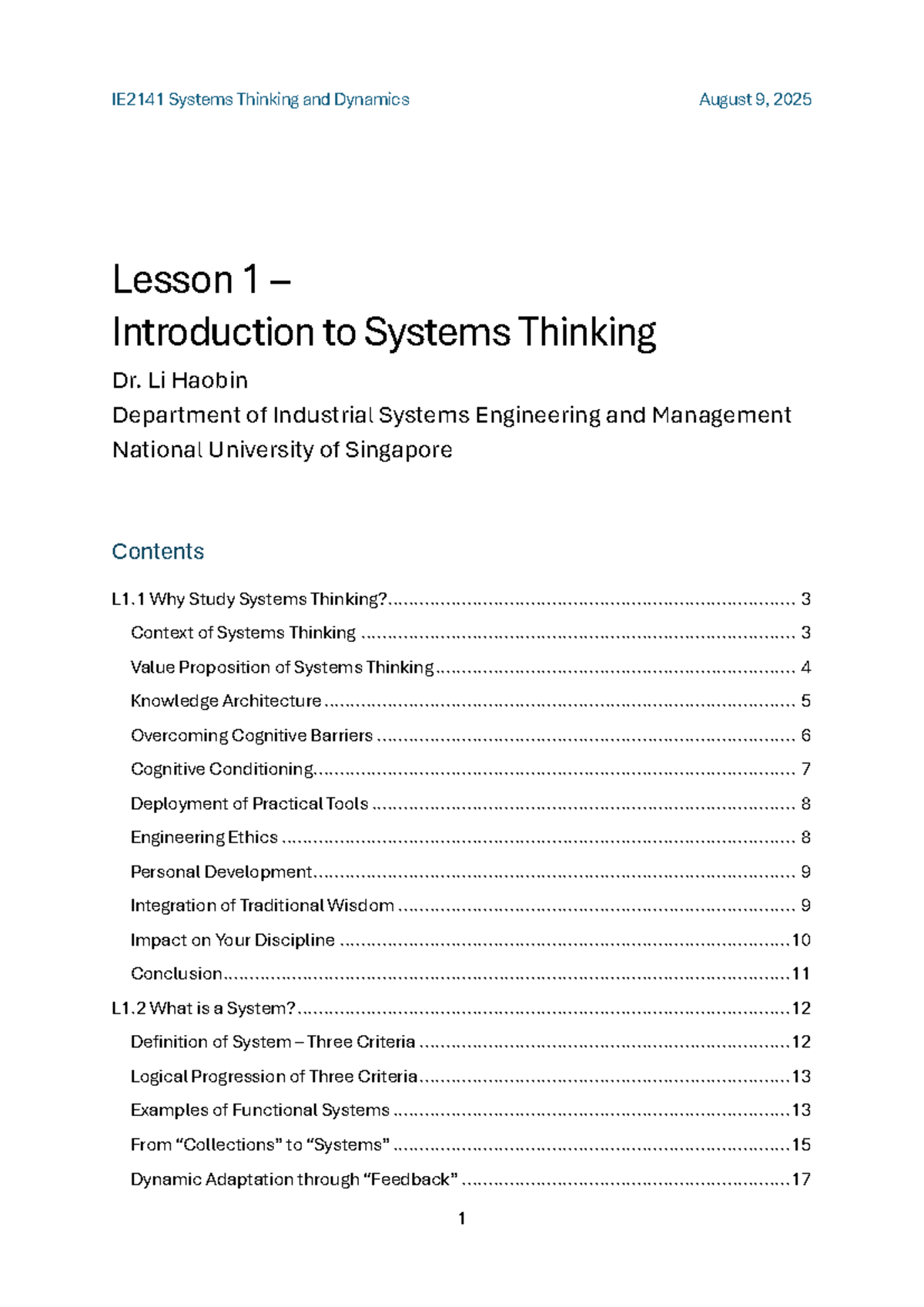 IE2141 Systems Thinking and Dynamics: Lesson 1 Overview and Key ...