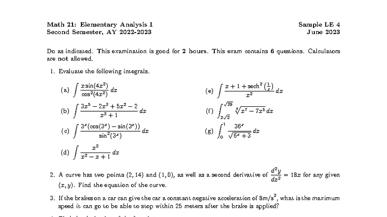 Math 21: Elementary Analysis I Final Exam Sample LE 4 - June 2023 - Studocu