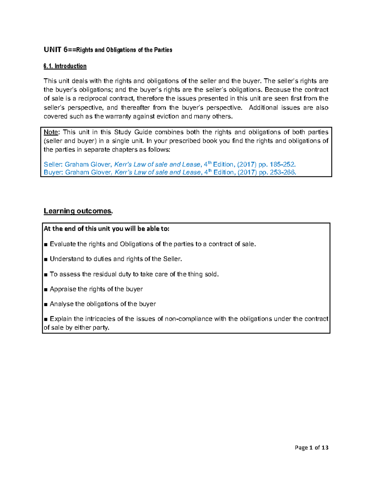 **Unit 6: Rights & Obligations of Buyers and Sellers in Contracts ...