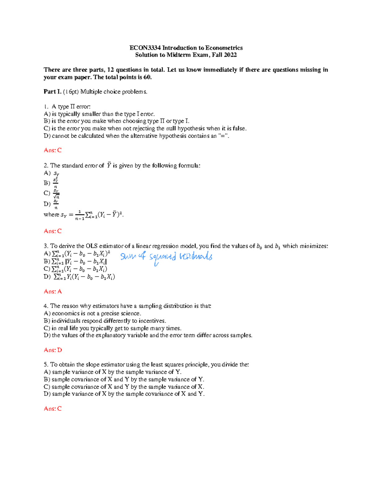 ECON3334 Midterm Exam Solutions, Fall 2022: Econometrics Insights - Studocu