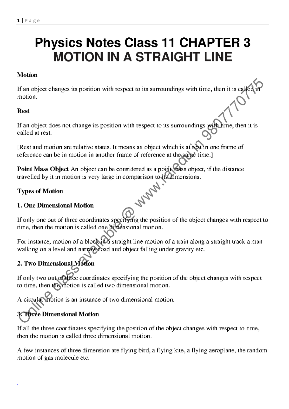 Physics Notes Class 11: Chapter 3 - Motion in a Straight Line - Studocu