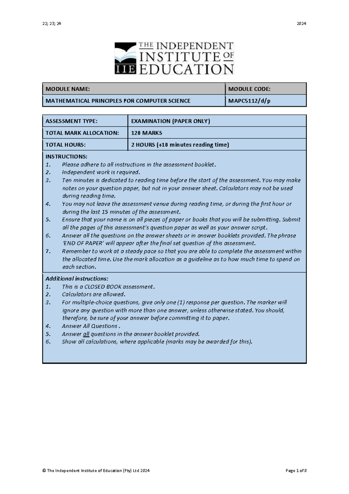Mathematical Principles for Computer Science Exam MAPC5112 - Studocu