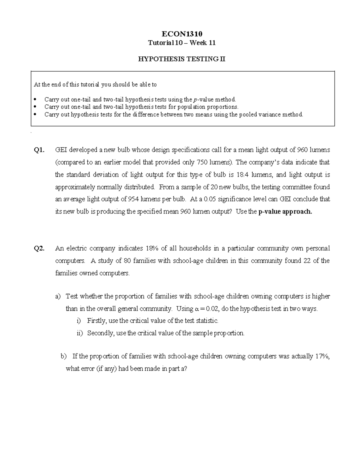 ECON1310 Tutorial 10: Advanced Hypothesis Testing Techniques - Studocu