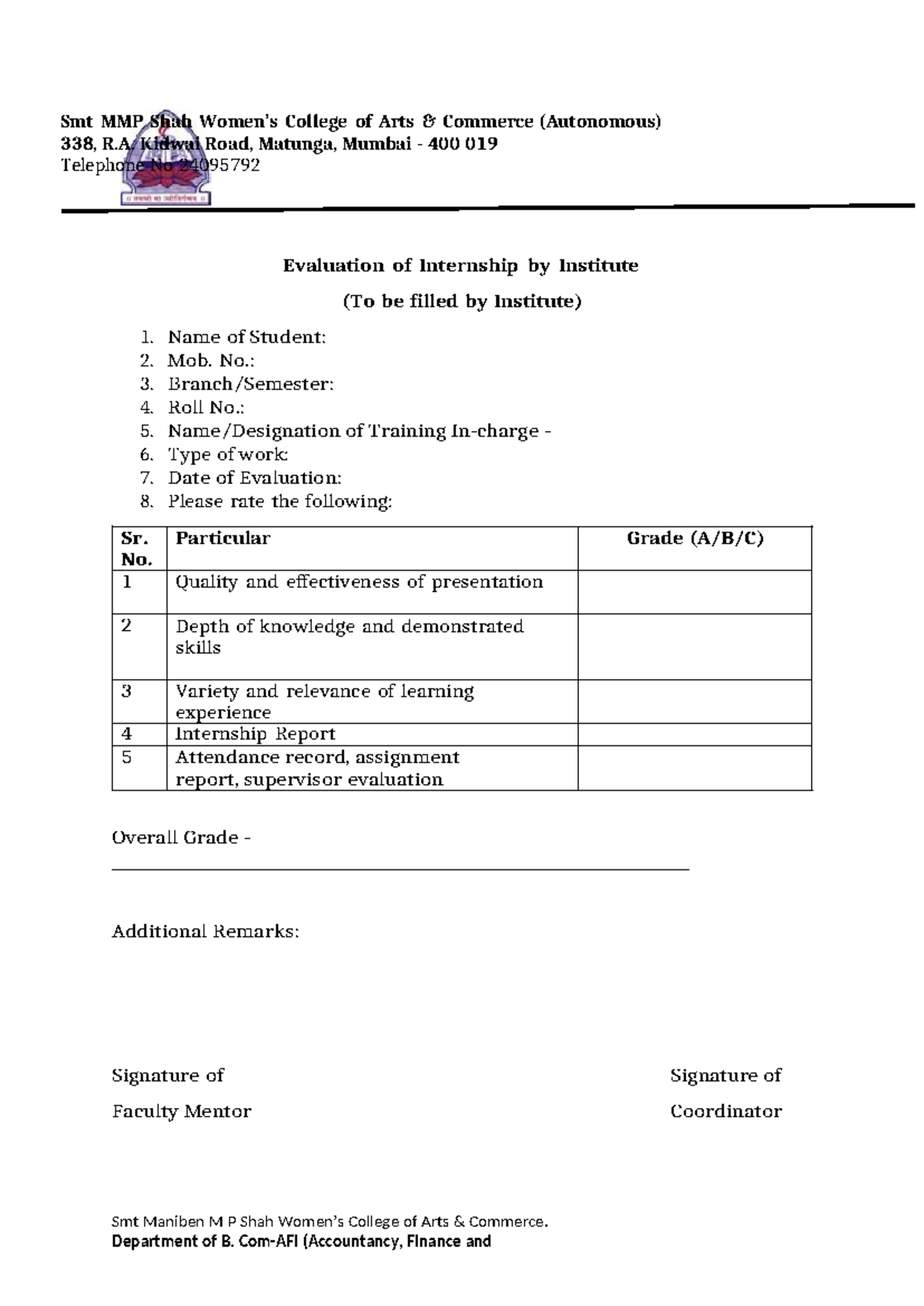 B.Com-AFI Internship Evaluation & Performance Report - Studocu