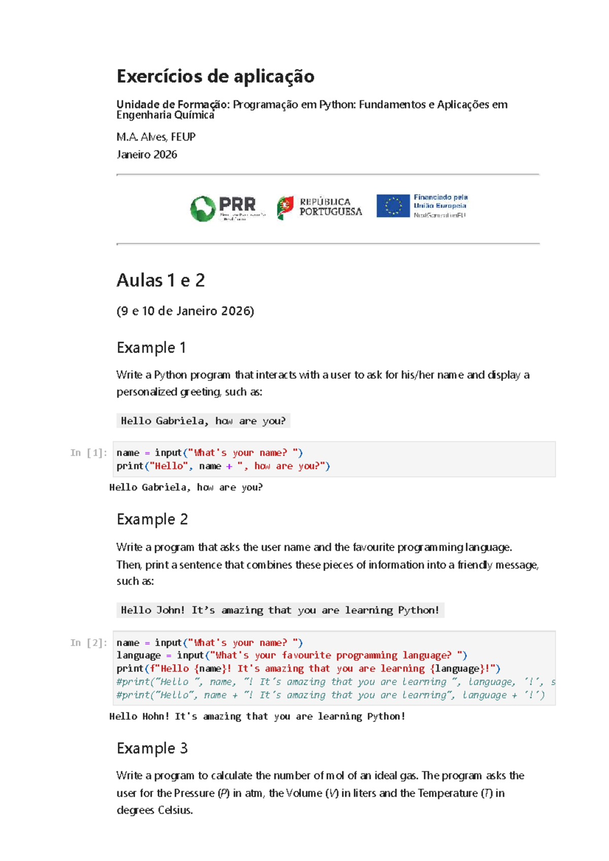 Aulas 1 a 4: Exercícios de Programação em Python - Engenharia Química ...