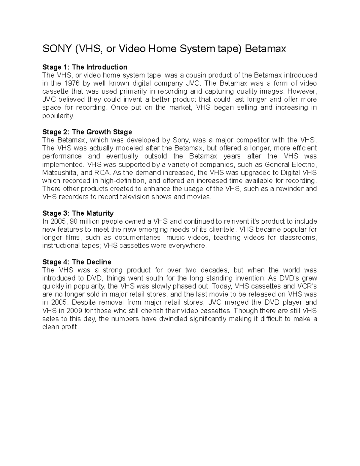 Product Life Cycle Analysis of SONY's VHS and Walkman - Studocu