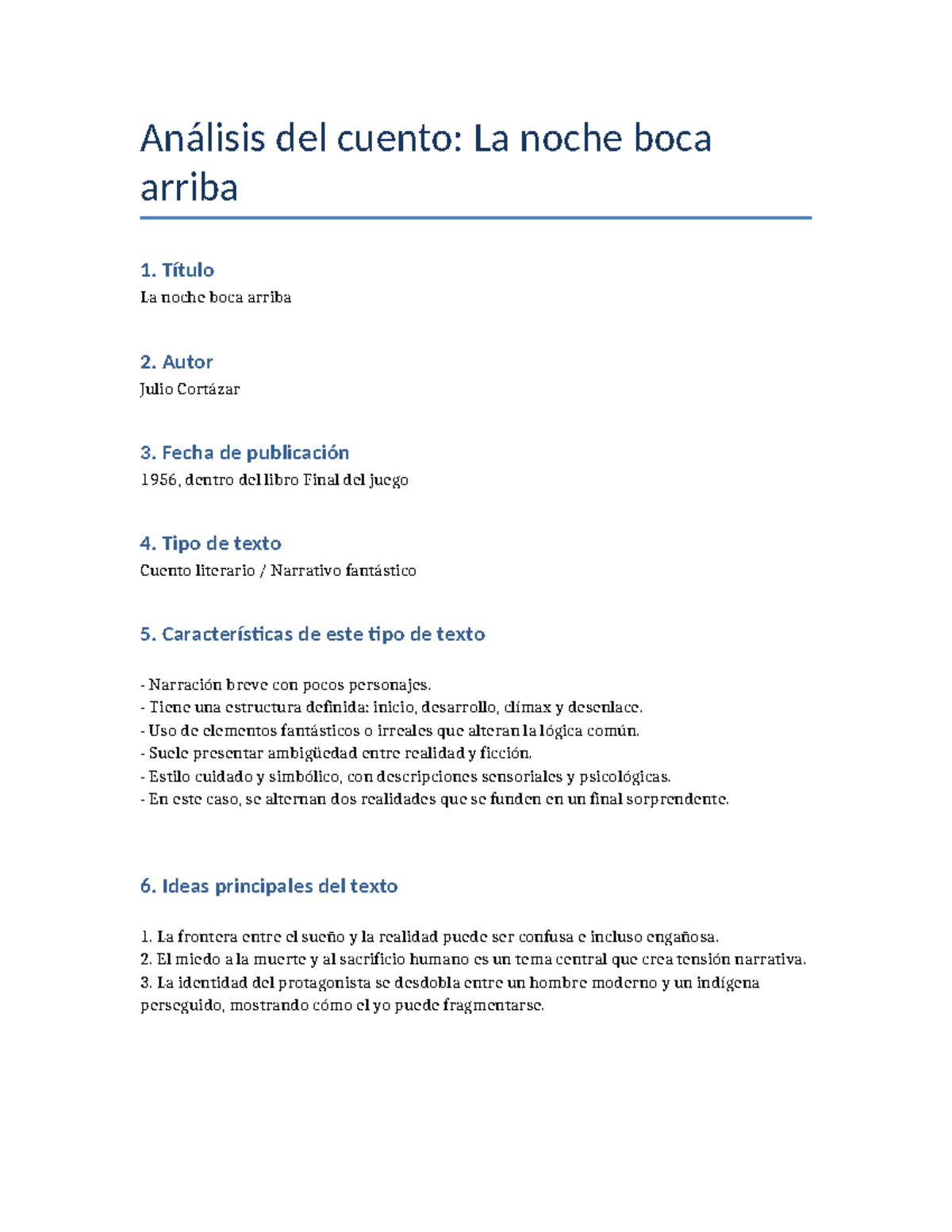 Esquema del Cuento "La Noche Boca Arriba" - Análisis Literario - Studocu
