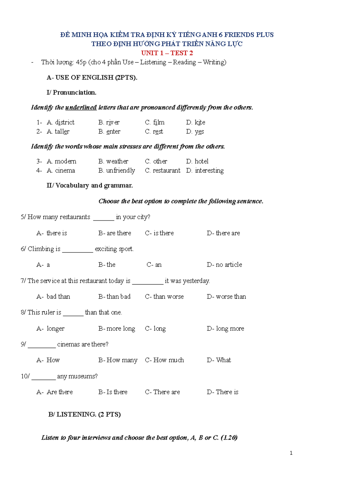 Tiếng anh 6 Friends Plus Unit 1 Test 2 - ĐỀ MINH HỌA KIỂM TRA ĐỊNH KỲ ...