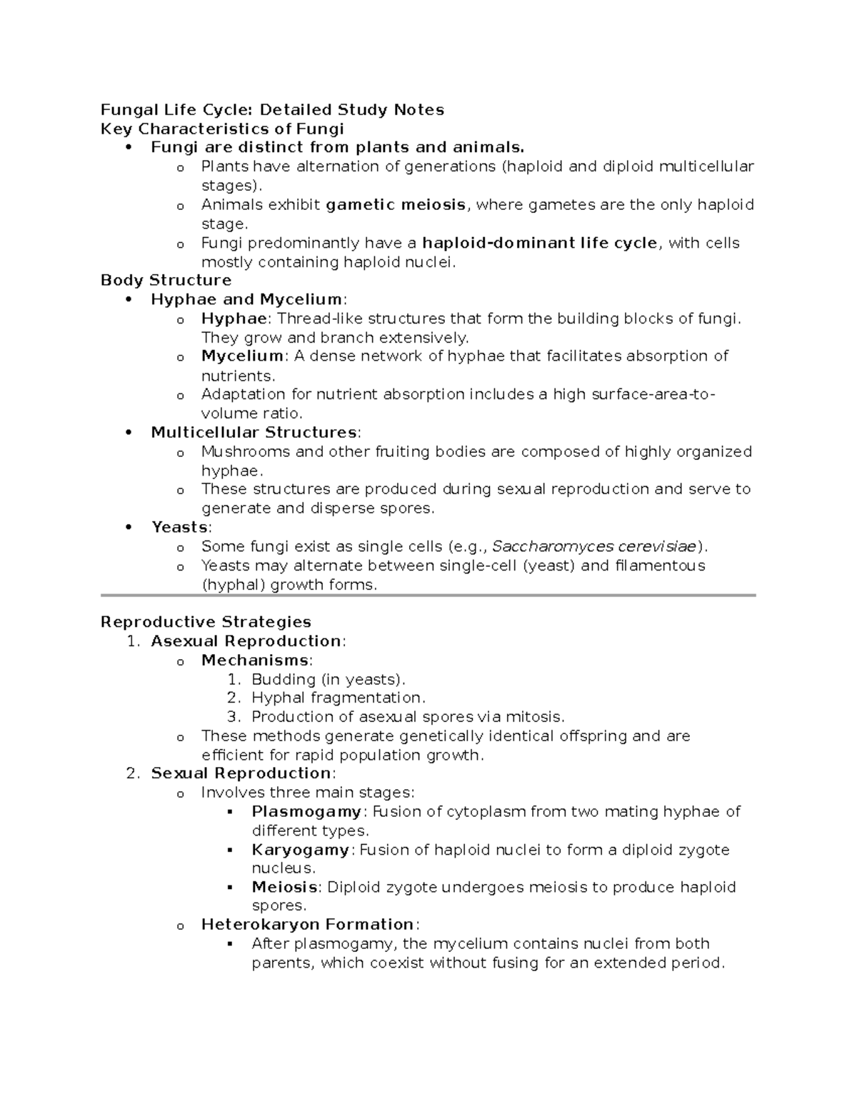Fungi (BIO 101): Comprehensive Midterm Study Notes on Life Cycle and ...