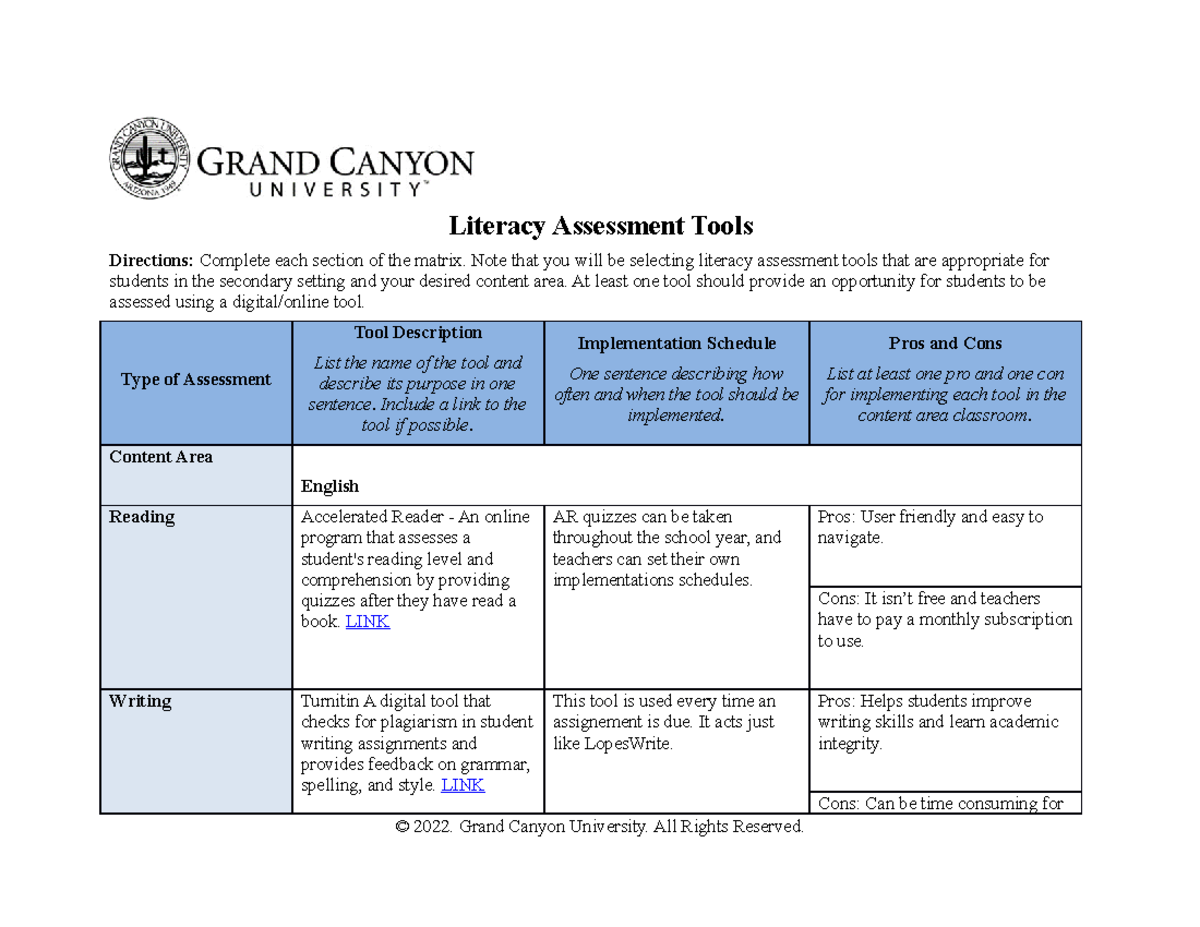 SEC-545-UO Tools for Literacy Assessment in Secondary Education - Studocu
