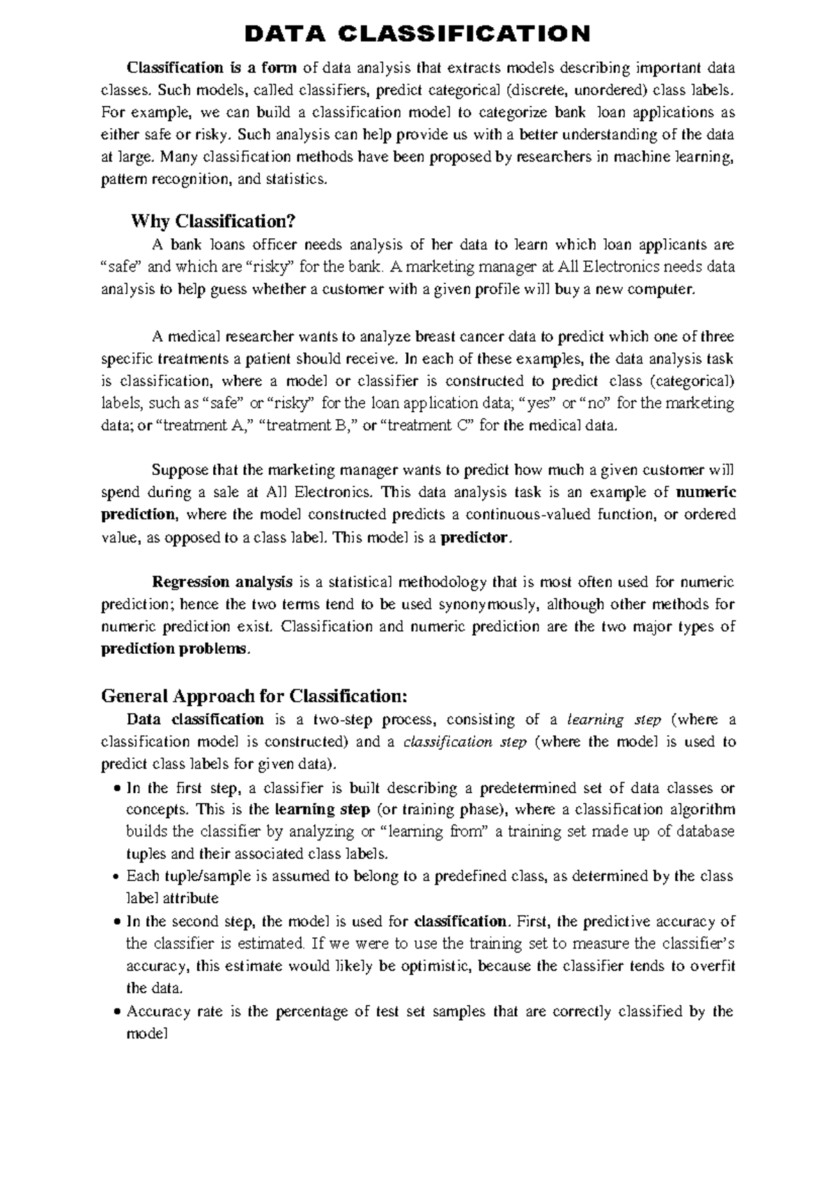 R20 DMT Unit-3 - DATA CLASSIFICATION Classification is a form of data ...