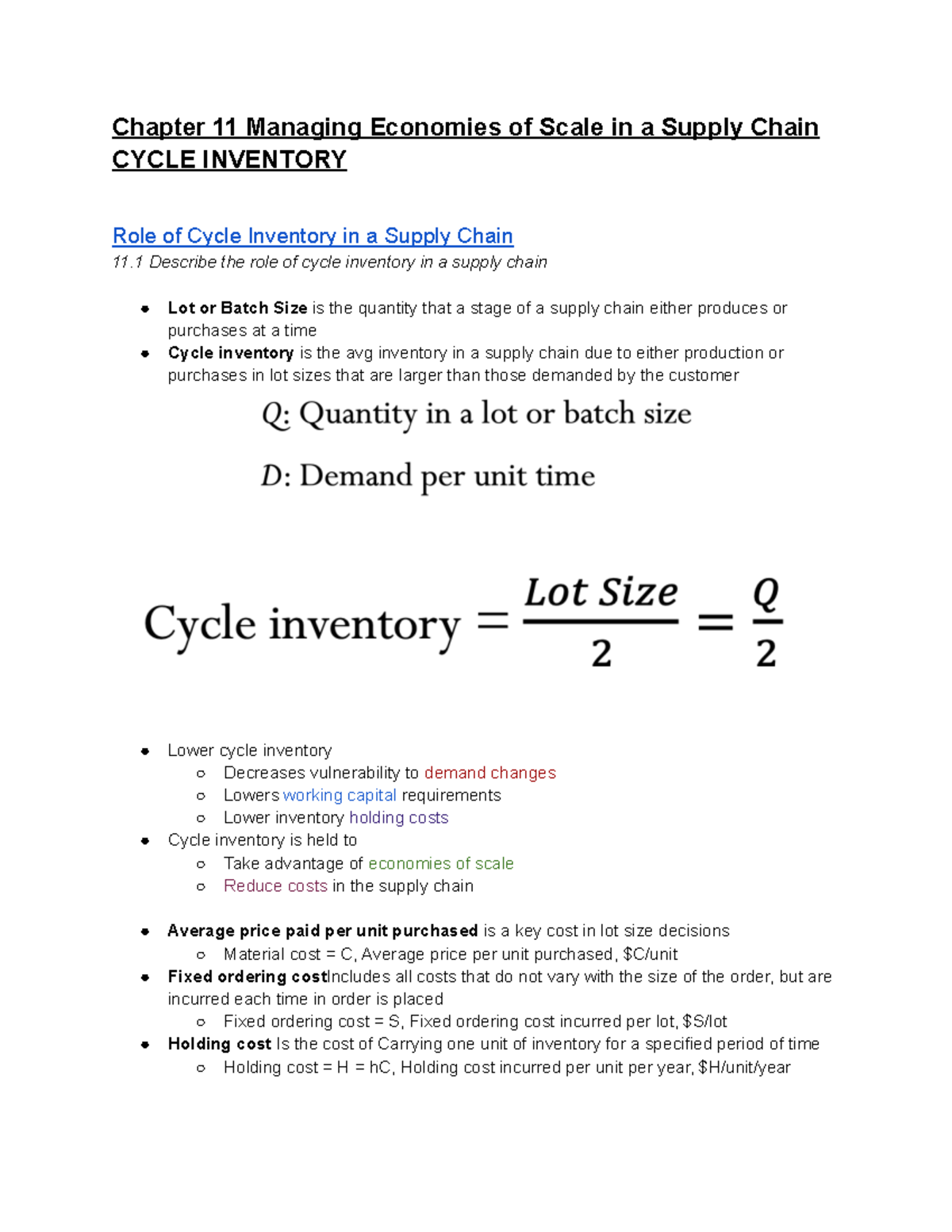 Chapter 11: Managing Economies of Scale & Cycle Inventory in SCM - Studocu