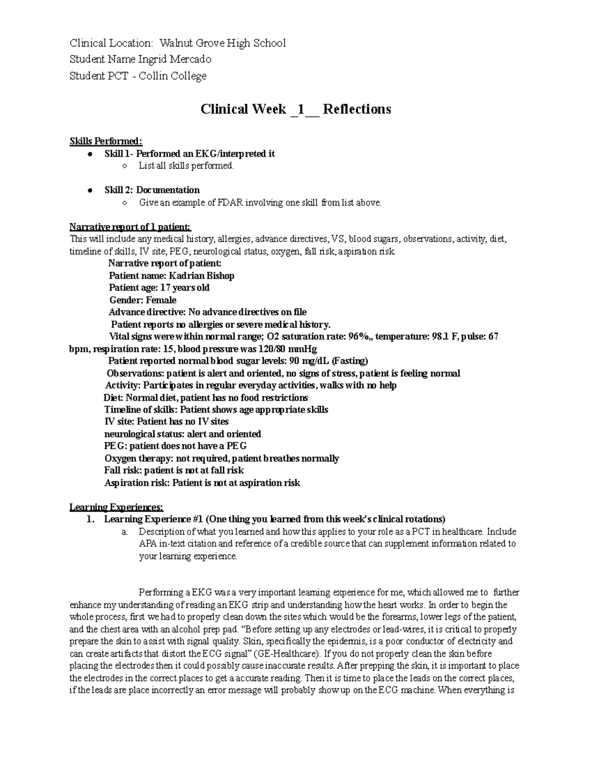 Clinical Weekly Reflection Template - Clinical Location: Walnut Grove ...