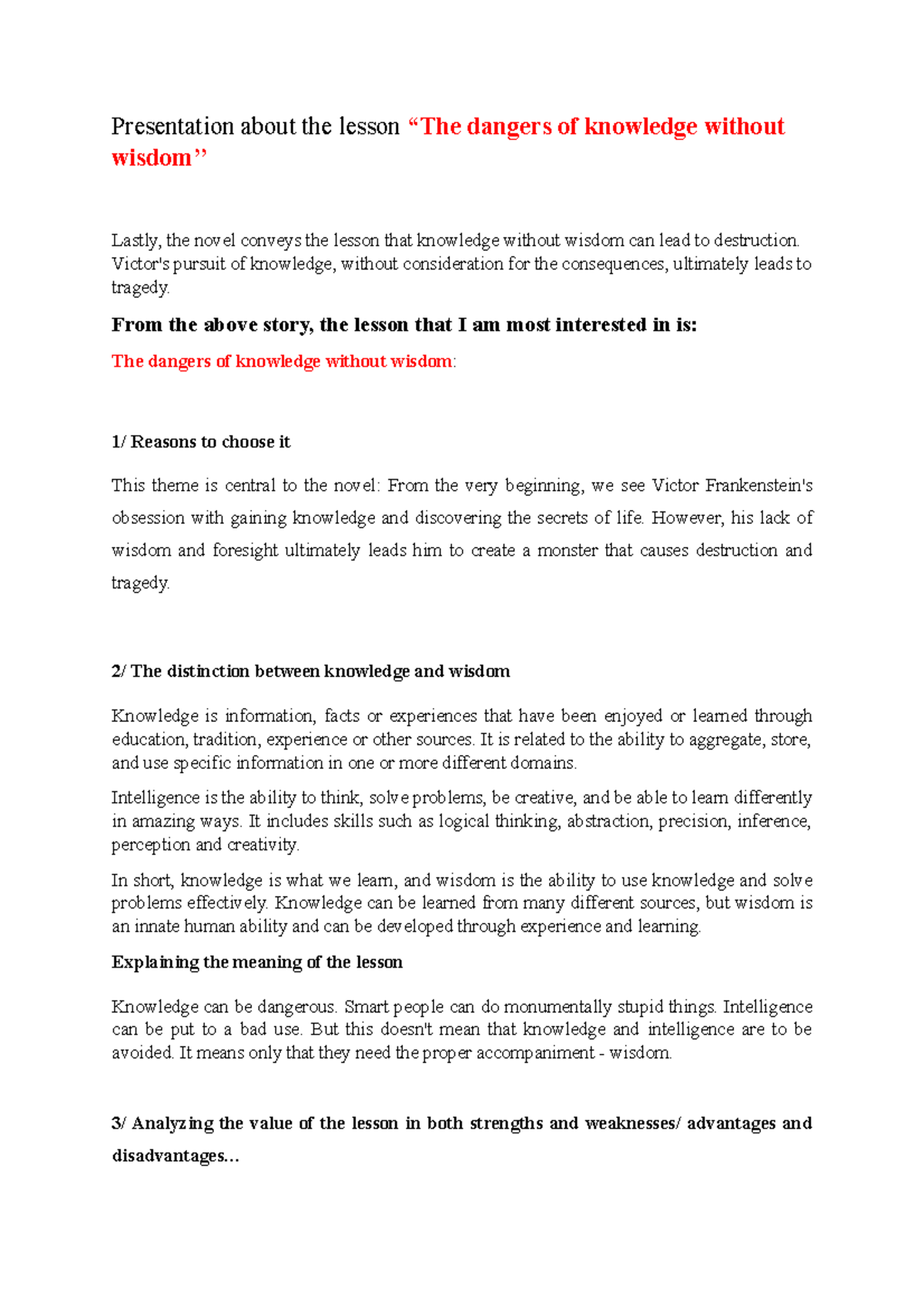 Presentation Literature - Presentation about the lesson “The dangers of ...