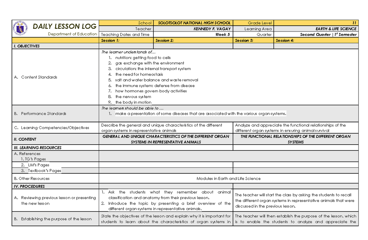 DLL ELS Grade 11 Quarter 2 Week 5 Daily Lesson Log - Studocu