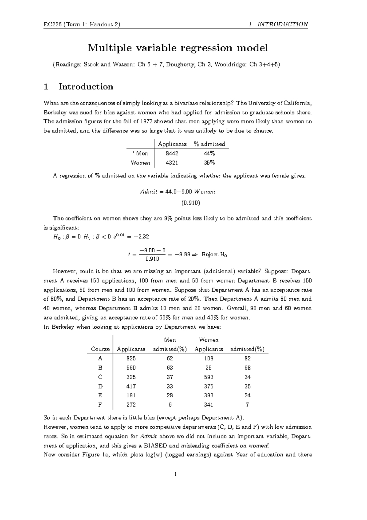 Handout 02 Multiple Regression - EC226 (Term 1: Handout 2) 1 ...