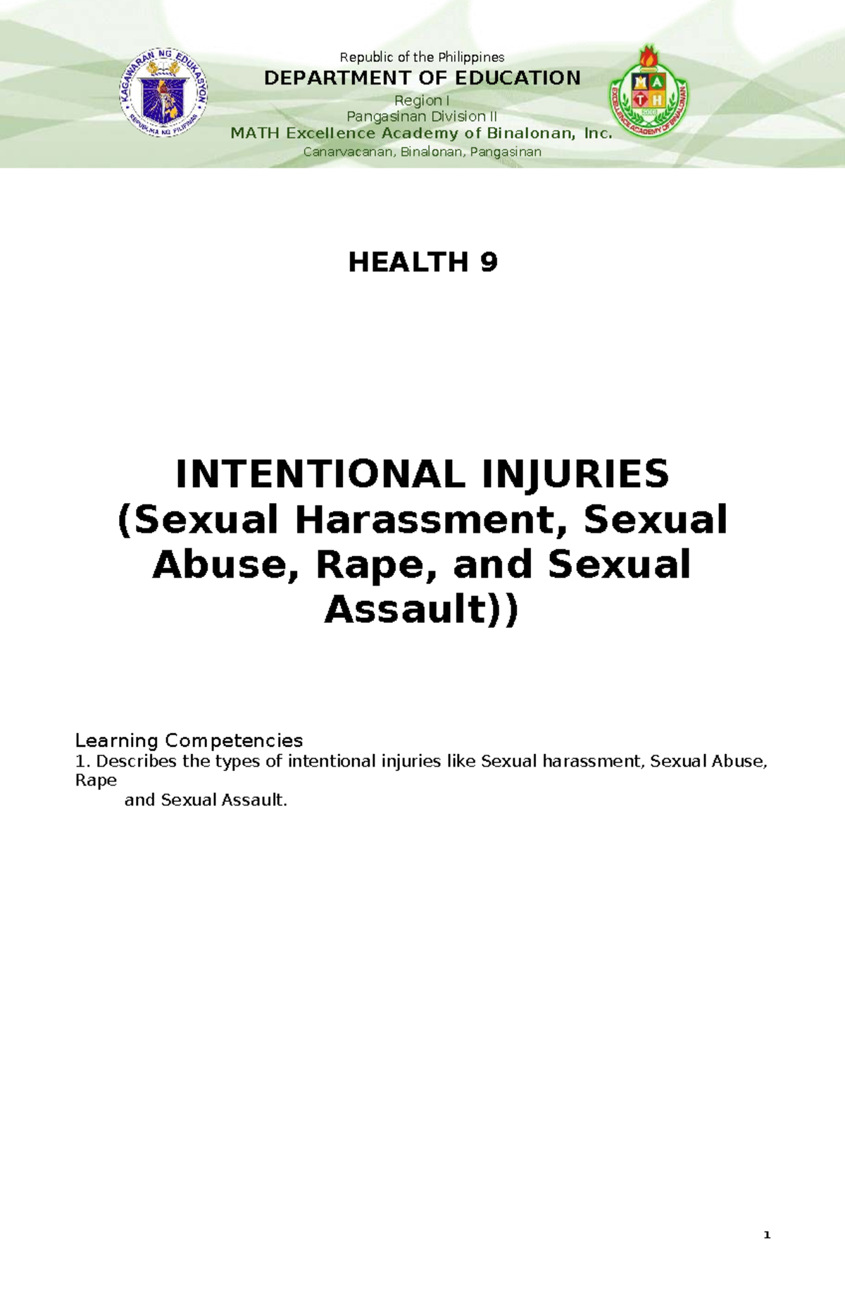 Q4 M3 Health 9 - Understanding Intentional Injuries and Sexual Violence ...