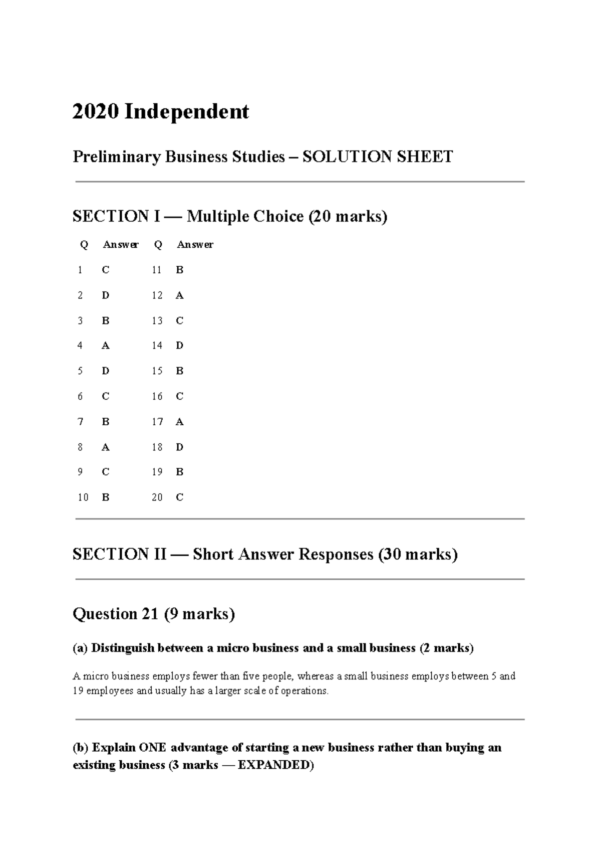 2020 Year 11 Preliminary Business Studies Solutions - MCQs & Short ...