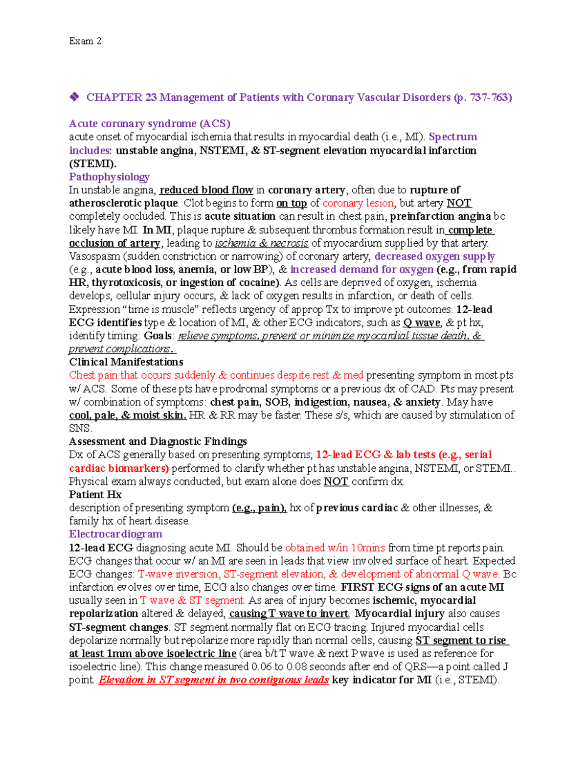 Exam 2 Notes: Management of Patients with Coronary Vascular Disorders ...