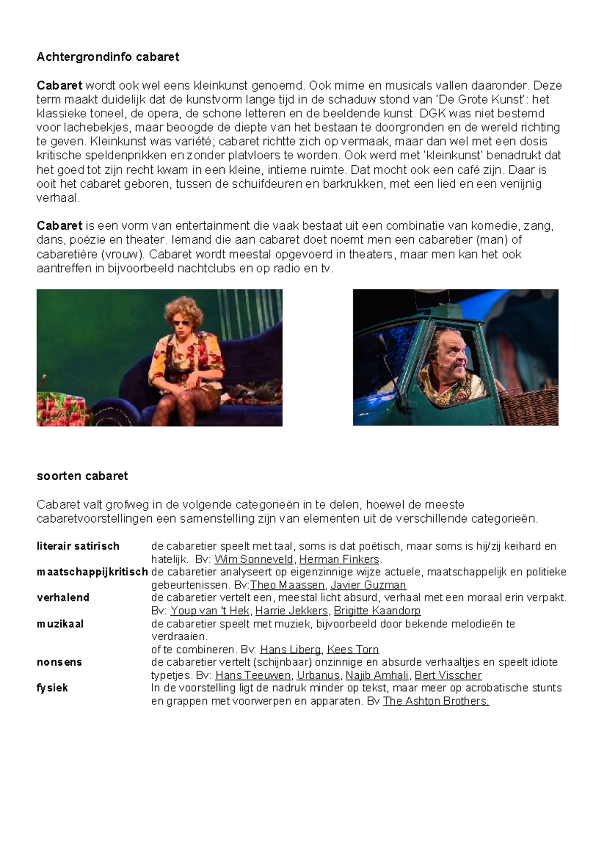 Achtergrondinformatie over Cabaret: Soorten en Technieken - Studeersnel