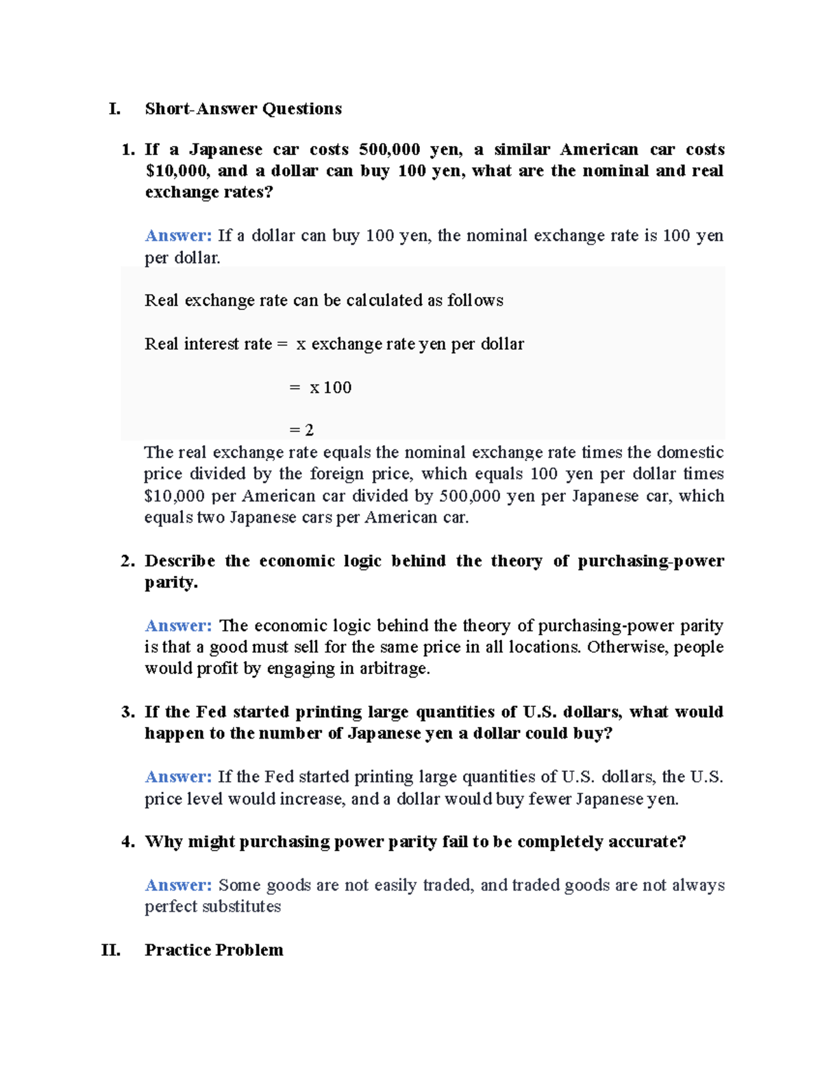 ECO 101: Short Answer Qs & Practice Problems on Exchange Rates - Studocu