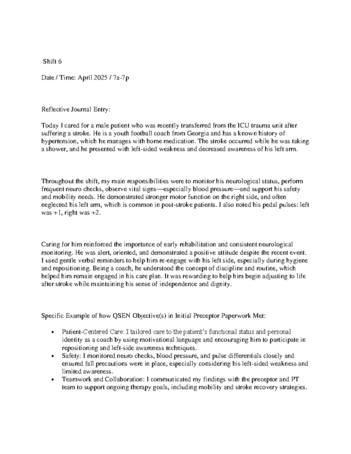 Patient C - Clinical Journal Entry: Stroke Care Reflection - Studocu