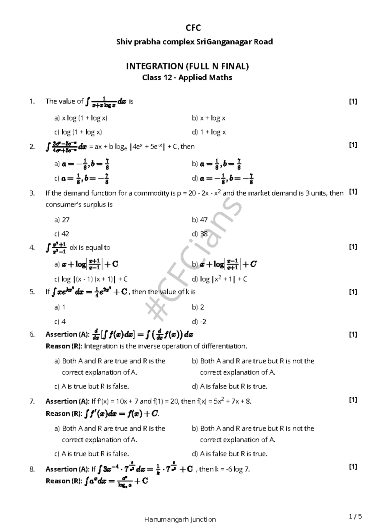 CFC Class 12 Applied Maths Integration Full & Final Exam Notes - Studocu