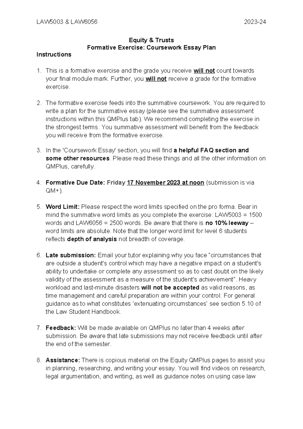 LAW5003 Coursework Essay Plan: Equity Formative Assessment 2023-24 ...